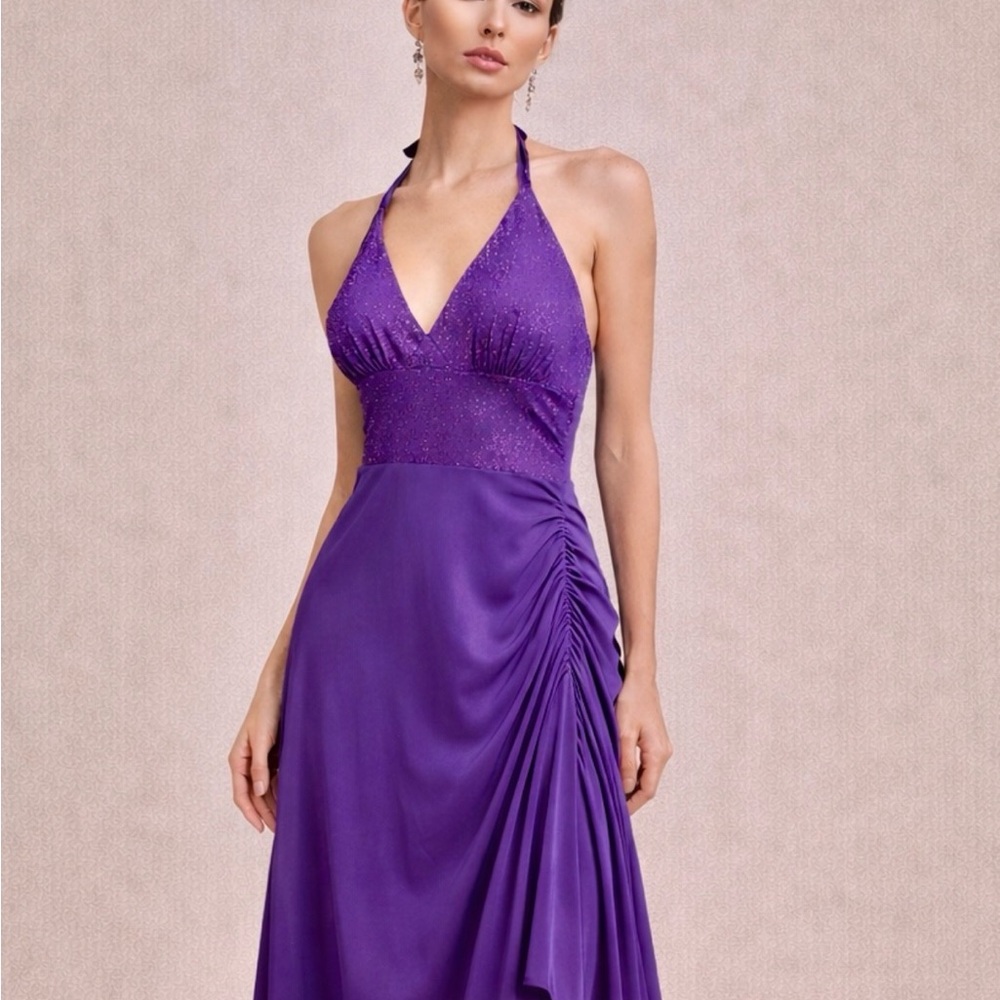 Purple Halter Tango Dress – Ruched Side Slit – Medium – Cocktail Latin Dance